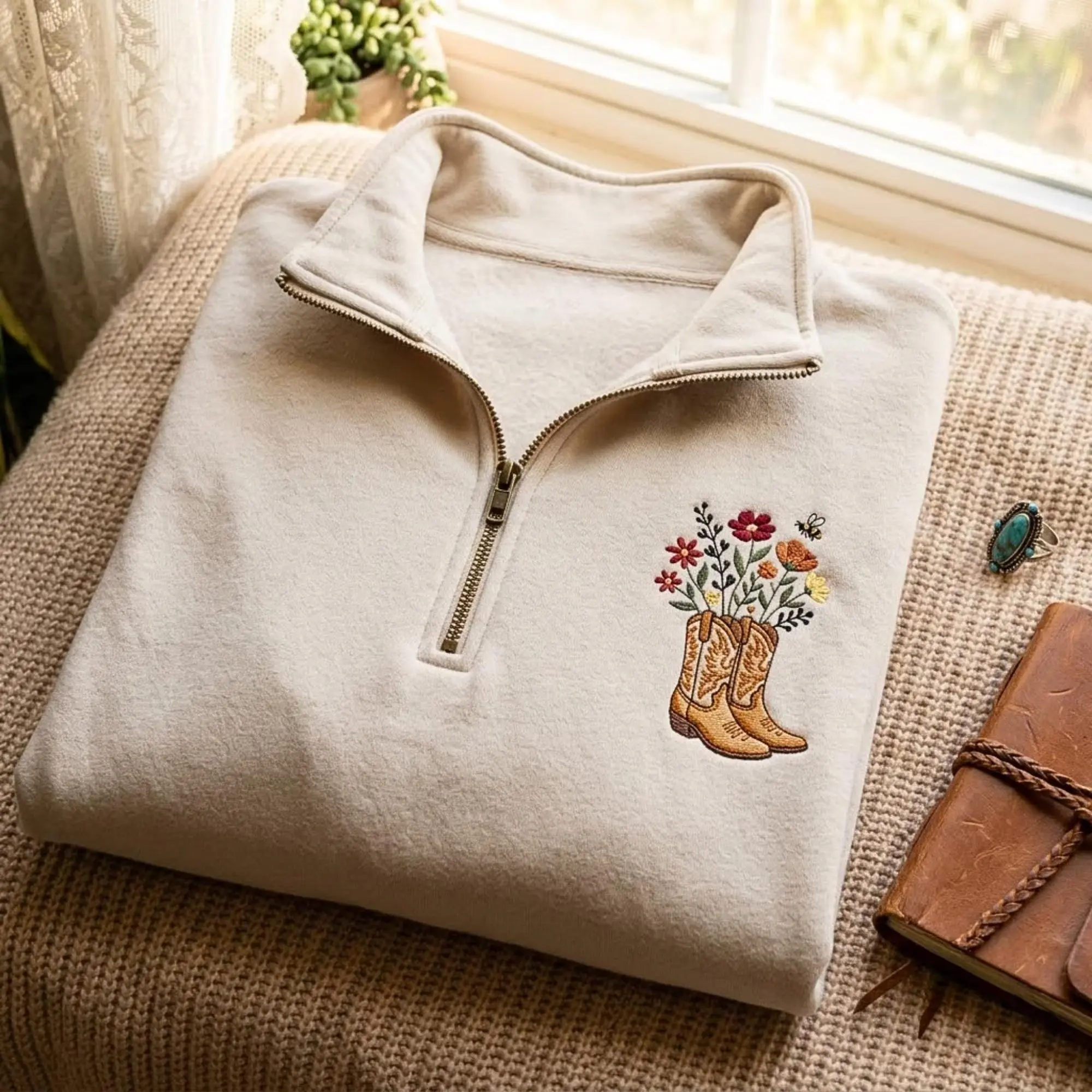 Embroidered Cowboy Boots Quarter Zip Sweatshirt – Floral Western Fleece Pullover, Cowgirl Gift