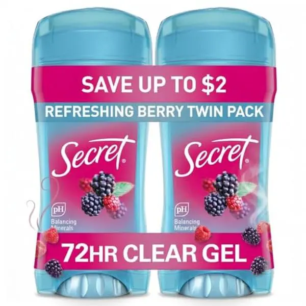 Secret Fresh Antiperspirant Deodorant for Women, 72hr Breathable Sweat & Odor Protection, Instant Freshness & Gentle, PH Balancing Minerals, Clear Gel, Refreshing Berry Scent, 2.6 oz (Pack of 2)