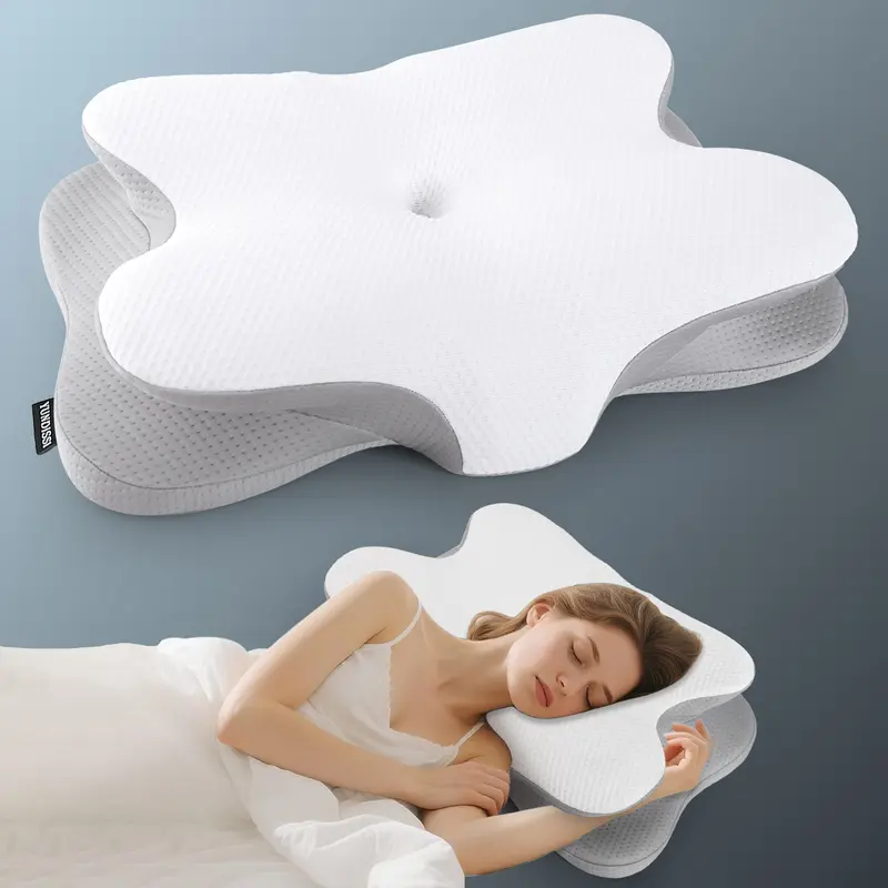 Cervical spine pillow for pain relief-Cervical spine pillow for side back stomach sleeper, ergonomic orthopedic support pillow, memory foam for sleeping, cooling pillowcase, gray, Black Friday Halloween gift Christmas New Year gift