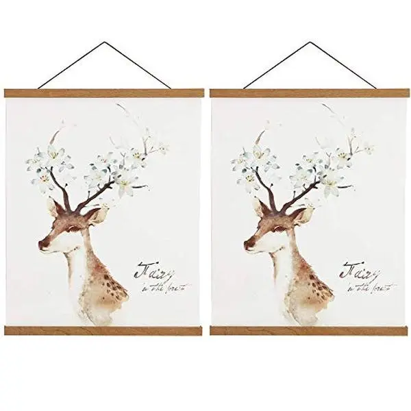2 Pack Magnetic Poster Hanger Frame, 8x10 8x12 8x24 Light Wood Wooden Magnet Canvas Artwork Print Dowel Poster Hangers Frames Hanging Kit (Teak Wood, 8", 2 Packs)