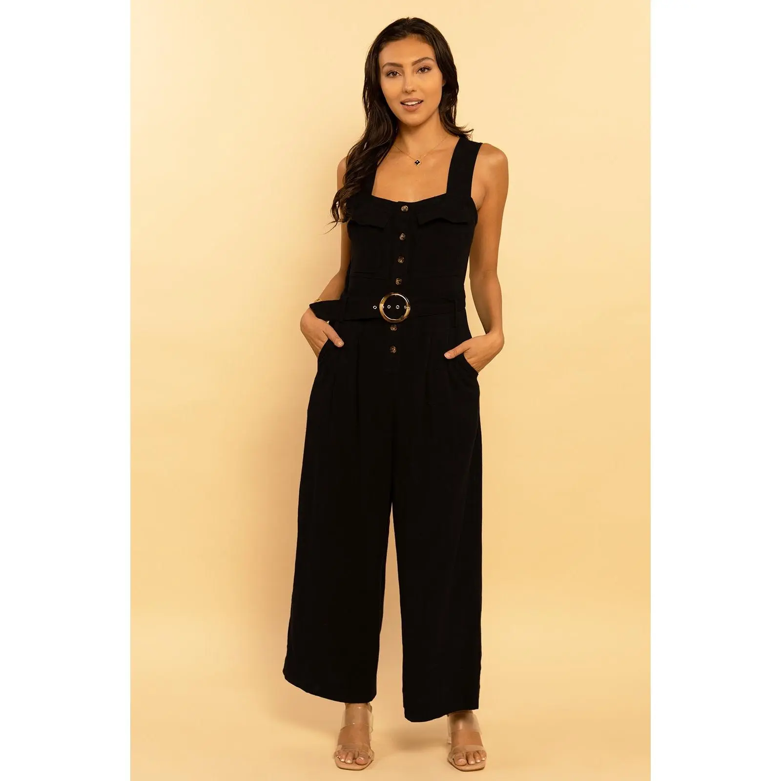 Black Belted Utility Linen Button Down Sleeveless Jumpsuit