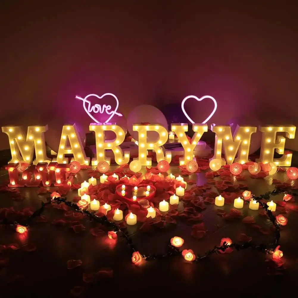 Marry Me Proposal Sign LED Letter Light, Warm White LED Decoration, Alphabet Sign Light for Proposal, Engagement, Wedding Decor