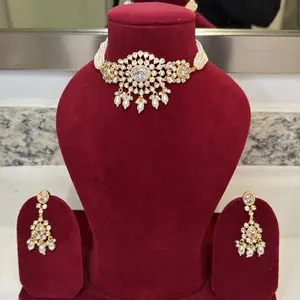 VICTORIAN Necklace with White Dropping Beads & Sleek Earrings Set for Elegant Looks in Gold Plated Finish