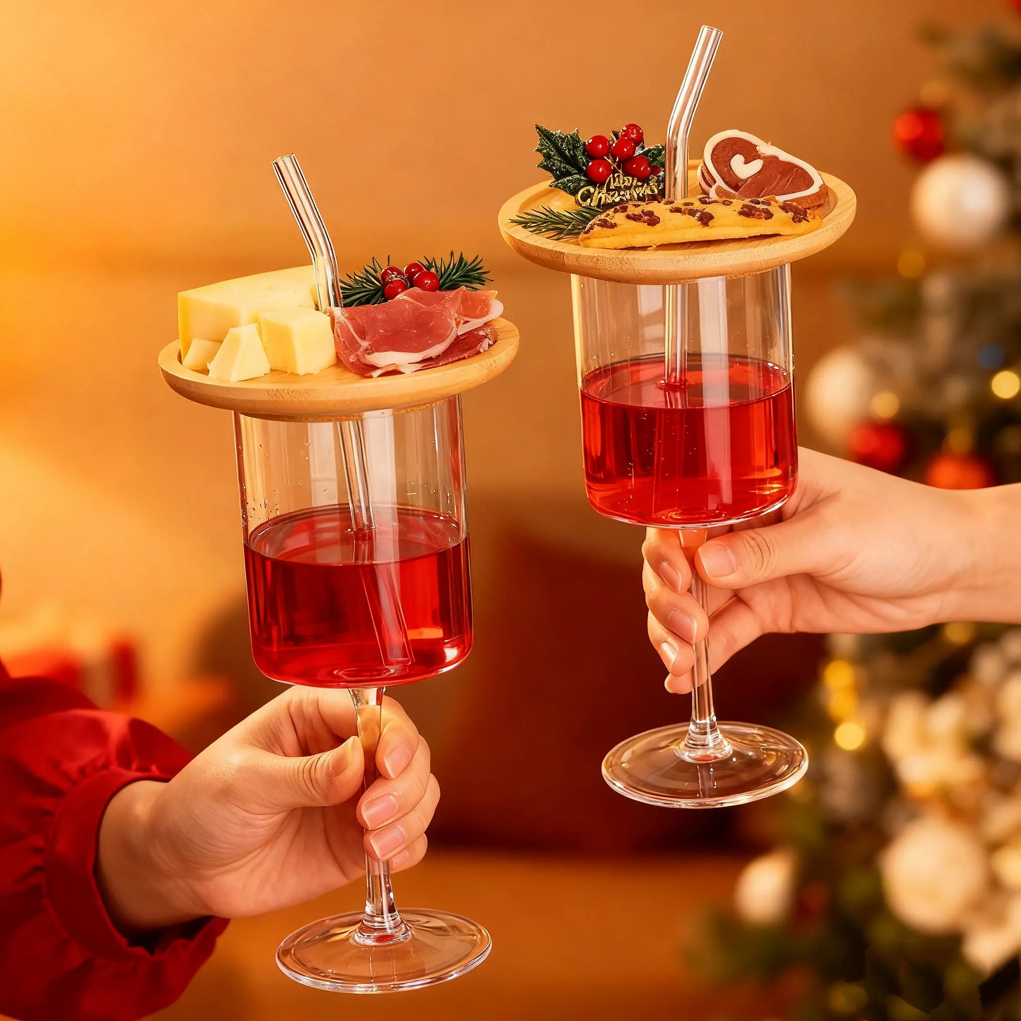 13.5oz Reusable Crystal Glass Drinking Cup with Snack Plate & Straw - Durable Glassware, Stylish Glass Cups for Wine, Iced Coffee, Cocktail - Ideal for Charcuterie Boards, Christmas Elephant Gifts, Glass Tumblers Set
