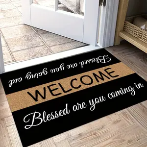 Rustic Welcome Floor Mat with Blessed Quote Print, Farmhouse-inspired Two-tone Design for Front Door, Porch, and Religious Home Decor