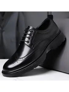 Men's Leather Block Heel Wingtip Formal Dress Shoes, Classic Pointed Toe, Lace-Up Design, Microfiber Upper, Rubber Sole, Business Style, Office, All Seasons Wear
