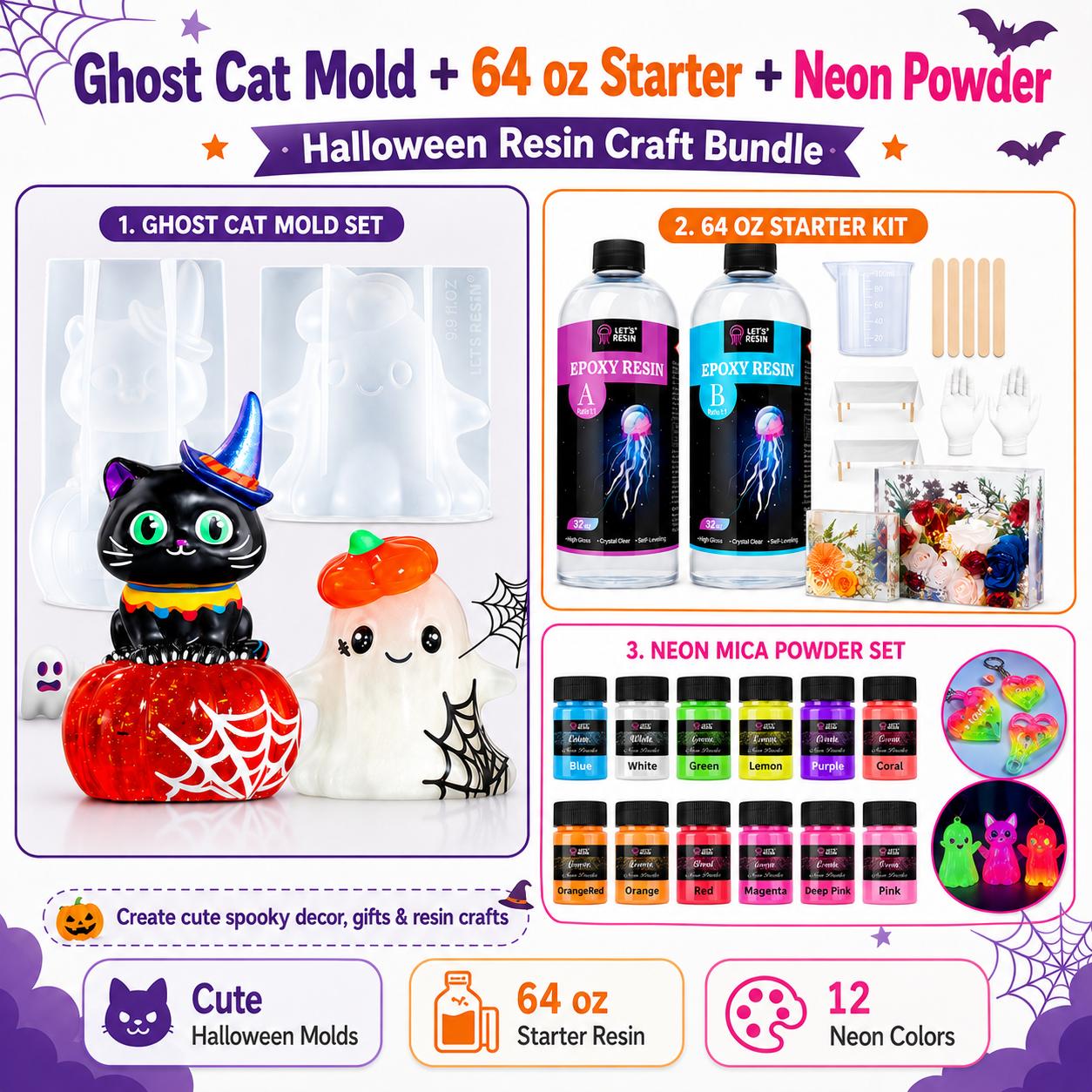 LET'S RESIN Halloween Glow Resin Craft Kit, Ghost Cat Pumpkin Silicone Molds with Witch Hat + Crystal Clear Epoxy Resin Kit, Perfect for Adding Glow Powder, Neon Pigments & Glitter to Create Spooky DIY Decorations, Halloween Gifts & Resin Art Crafts