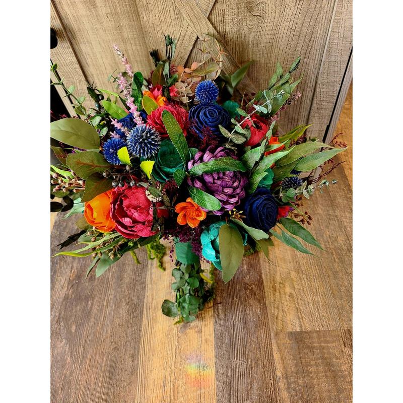 Moody Jewel Toned Wood Flower Bouquet, Teal and Purple Sola Bride Bouquet, Hanging Greenery Bouquet