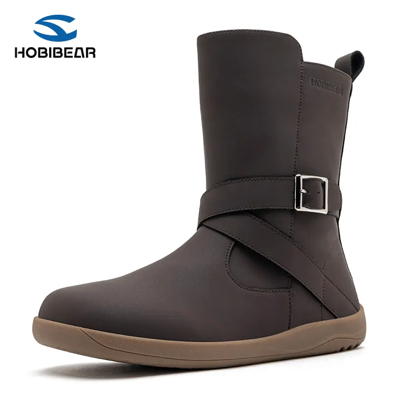 HOBIBEAR Women's Stylish Round Toe Mid-Calf Synthetic Leather Flat Boots - Buckle Accent, Side Zipper, Rubber Sole, Casual All-Season Walking Shoes for Back to School