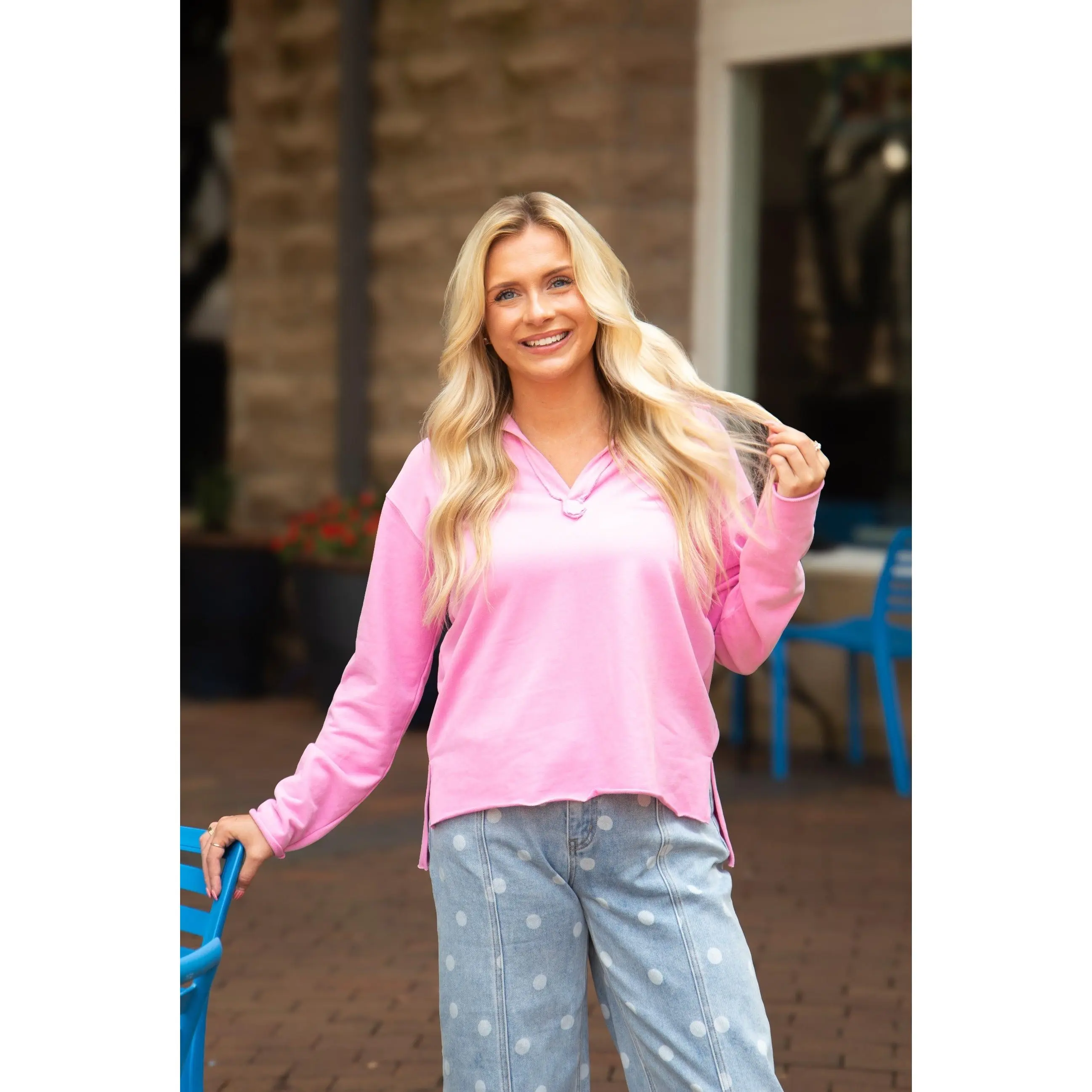 V-Neck Collared Pullover, Pink