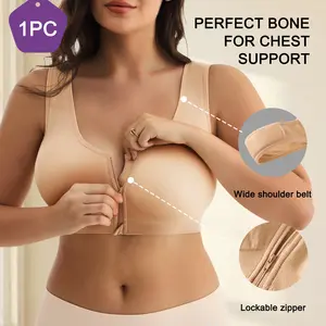 QUASTI 1PCS Women’s Wireless Front Zipper Sports Push Up Bra, Seamless Breathable Bralette, Breathable Stretch Cup-Lifting Unlined Full Coverage Bra, Solid Color Skin-friendly Lightweight Everyday Lingerie, M-XXL