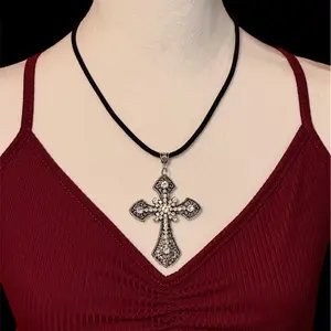 Gothic Cross Pendant on a Black Velvet Cord Crystal Silver Unisex Black Women Men