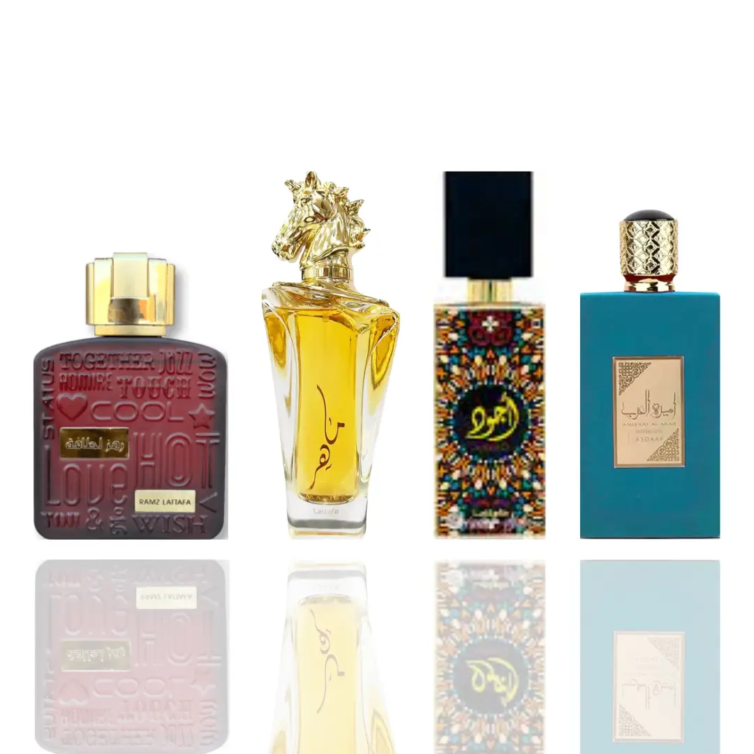 Lattafa Men's Fragrance 4-Piece Bundle Set - Ramz Lattafa Gold, Maahir Gold, Ajwad, Ameerat al Arab Imperium - Balanced Fragrances for Daytime Wear