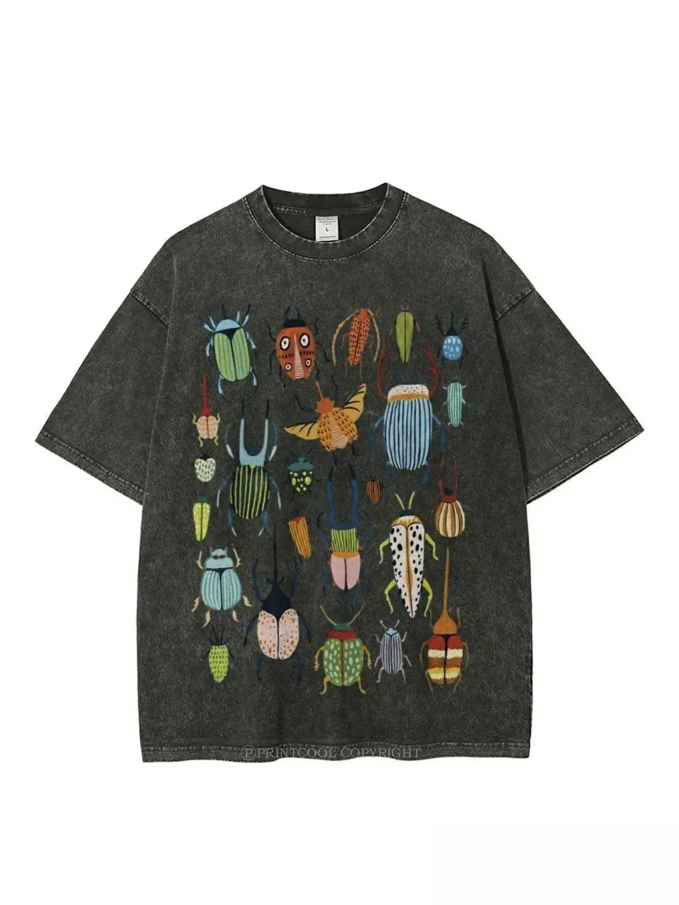 Vintage Colorful Beetle Collage Graphic T-Shirt, Distressed Washed Bug Print Oversized Crew Neck Tee, Unisex Short Sleeve Streetwear Cotton Top, Trendy Entomology Aesthetic Shirt for Insect Lovers, Nature Fans and Casual Wear Enthusiasts