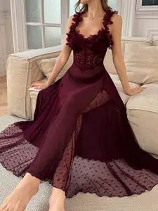 Women's Comfortable Elegant Home Dress Long Skirt Lace Patchwork Valentine's Day, Casual Sleeveless Fitted Floral Design