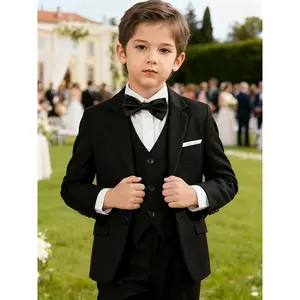 [4pcs Set] Boys' Korean Style Suit Set: suit jacket + vest + trousers + bow tie.Formal attire, autumn, and winter hosting and performances; stage celebration attire; Christmas party attire; dress.