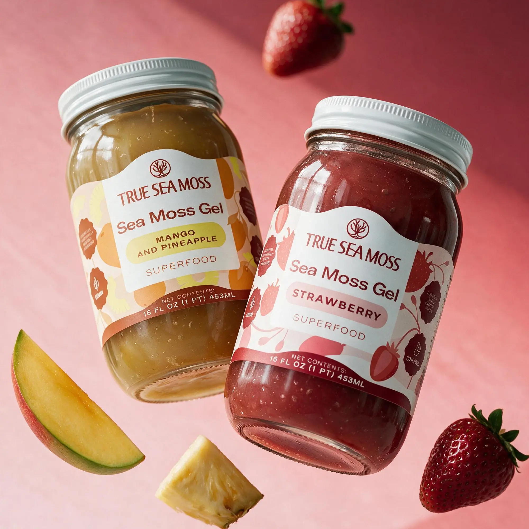 True Sea Moss Gel 2-Jar Bundle: Mango-Pineapple & Strawberry – Rich in Essential Minerals & Vitamins – supports overall vitality