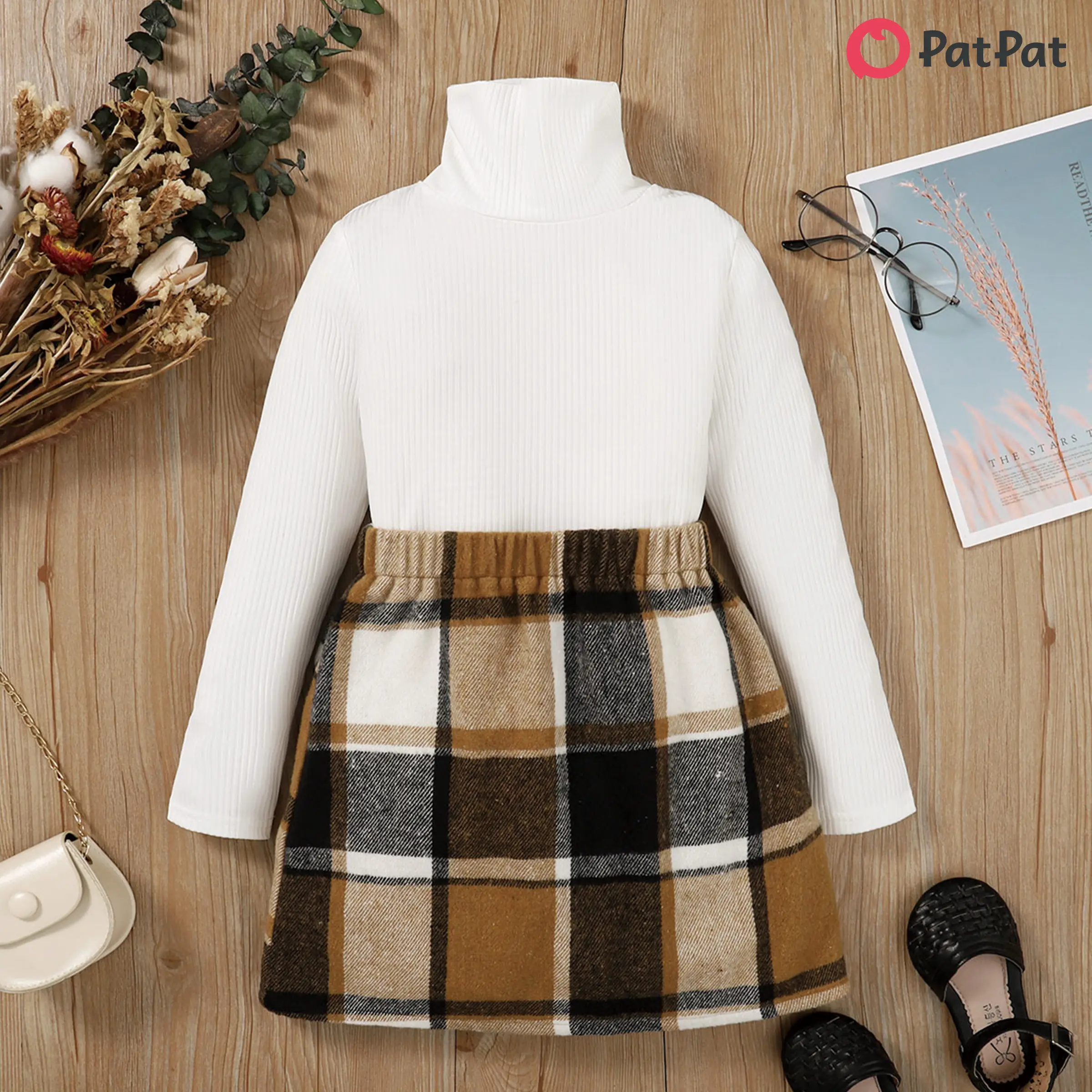 PatPat 2pcs Kid Girl Turtleneck Long-sleeve Black Tee and Plaid Skirt Set