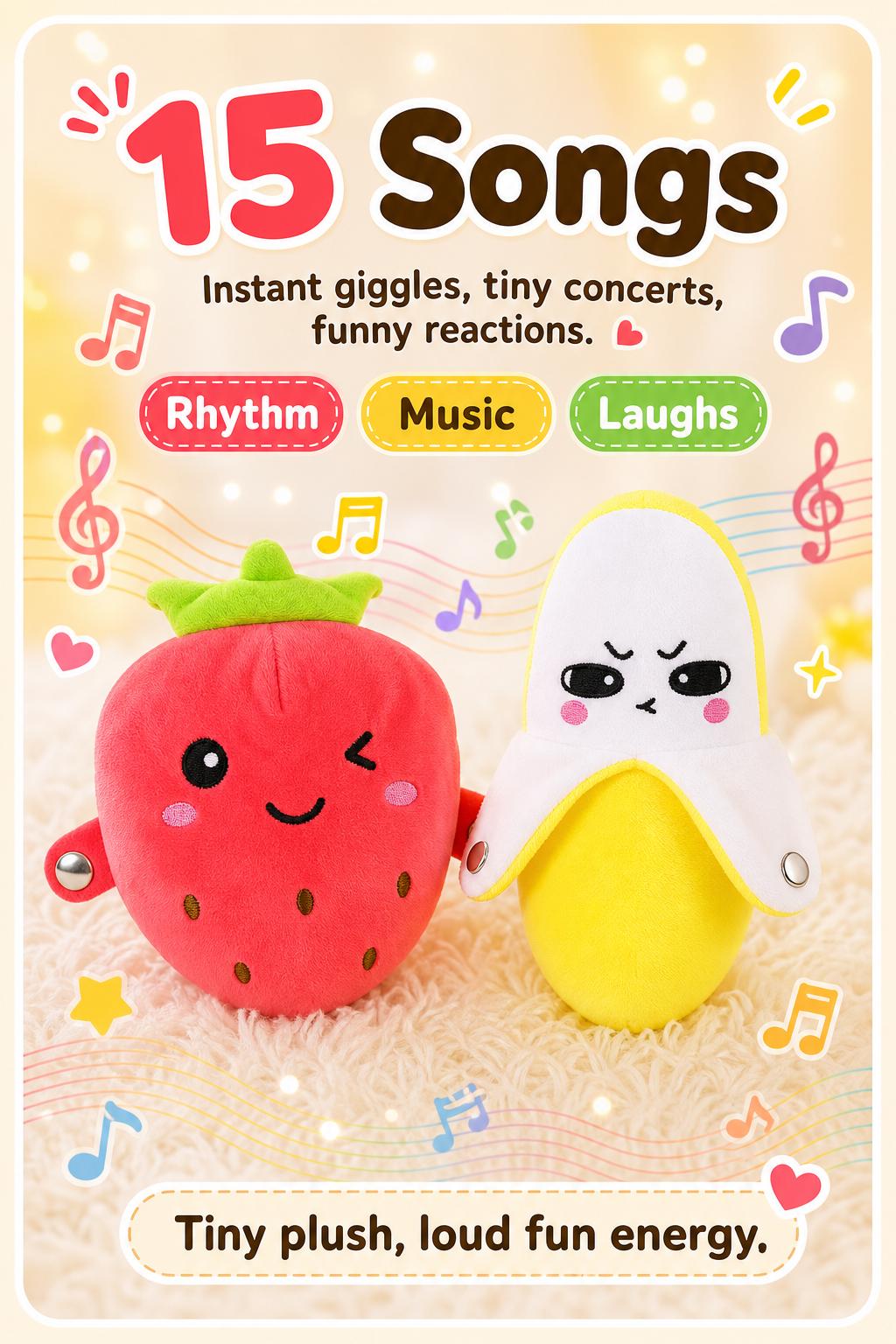 Soft Plush Interactive Musical Fruit Shapes Stuffed Toy (Banana/Strawberry) for Ages 3+, Tactile Play, Touch Sensors, 15 Built-In Songs, 2-Player Mode Parent-Child Interaction, Free Rechargeable AA Starter Kit (Batteries+Mini Screwdriver), 22x9.5x20cm, Tw