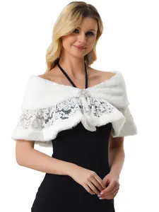 INSPIRE CHIC Women's Wedding Cape for Dress Lace Trim Evening Faux Fur Shawl Shrug