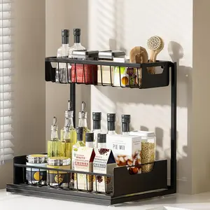Under Kitchen Sink Organizers and Storage Pull Out 2 Tier Metal Bathroom Cabinet Organizer for Spices and Bottles