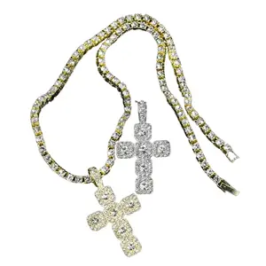 2026 New Iced Out Cross Necklace, 4mm Rhinestone Tennis Chain, Chunky Cuban Chain, Men’s Punk Hip Hop Stylish Accessories, Premier League Fan Sports & Outdoor Gift (Customizable Option)