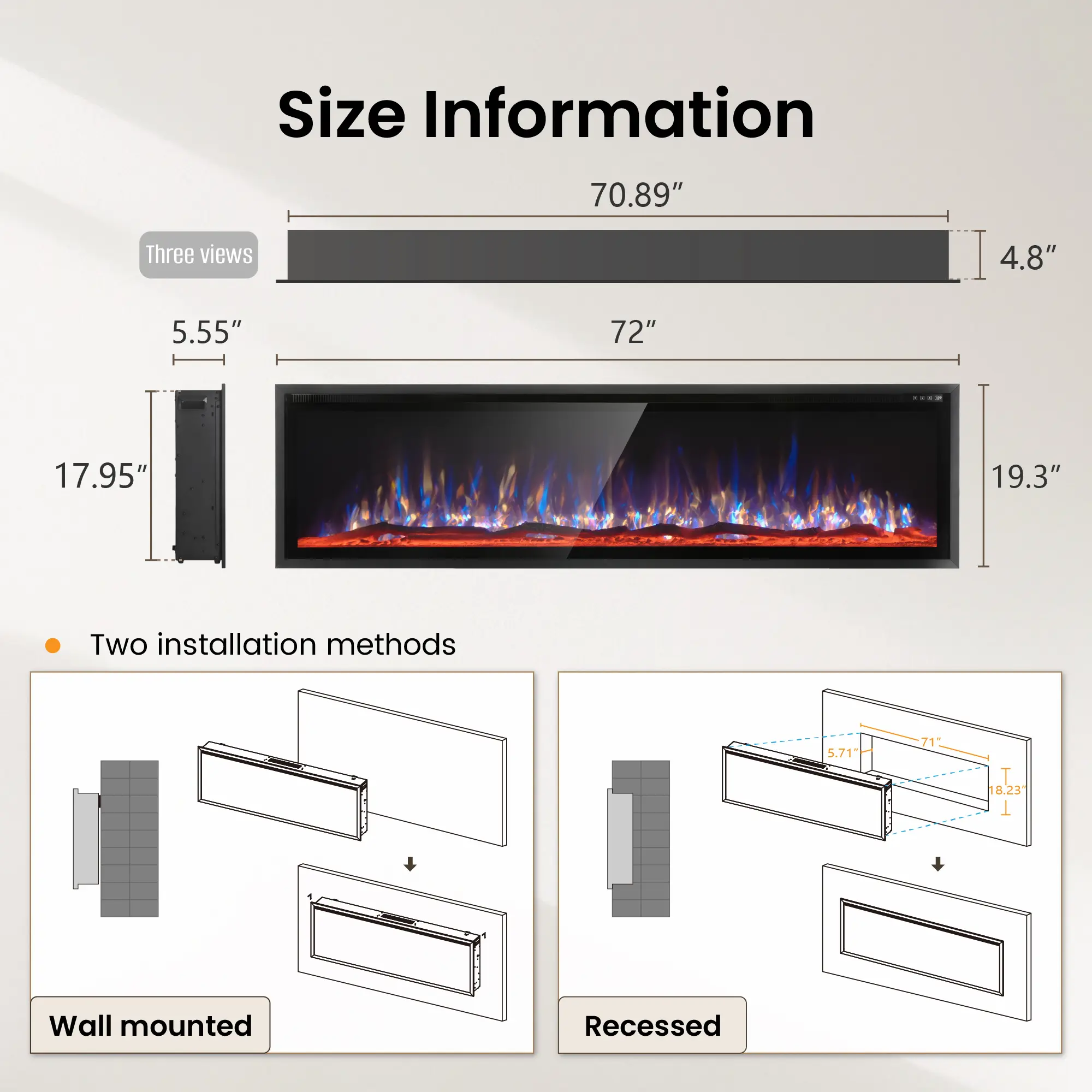 72C(5.55"D x 72"W x 19.3"H)