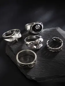 5-piece punk-style antique silver eagle claw ring set, retro punk style rings, designed with 8-ball, hexagram and eagle claw elements, antique silver unisex jewelry, Dark Aesthetic Rings
