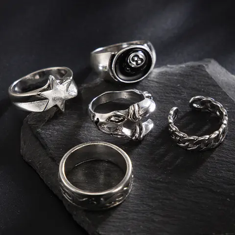 5-Piece Punk-Style Antique Silver Eagle Claw Ring Set, Retro Punk Style Rings, Designed With 8-Ball, Hexagram and Eagle Claw Elements, Antique Silver Unisex Jewelry, Dark Aesthetic Rings, Unique Rings