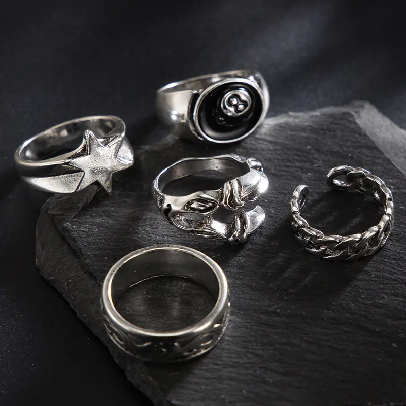 5-Piece Punk-Style Antique Silver Eagle Claw Ring Set, Retro Punk Style Rings, Designed With 8-Ball, Hexagram and Eagle Claw Elements, Antique Silver Unisex Jewelry, Dark Aesthetic Rings, Unique Rings