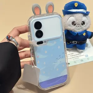 Zoo Topia Judith Nick Embroidery Stand Phone Case for iPhone 17 16 15 14 13 12 11 Pro Max Transparent TPU Soft Shell Shockproof Casing with Adorable Design Protection