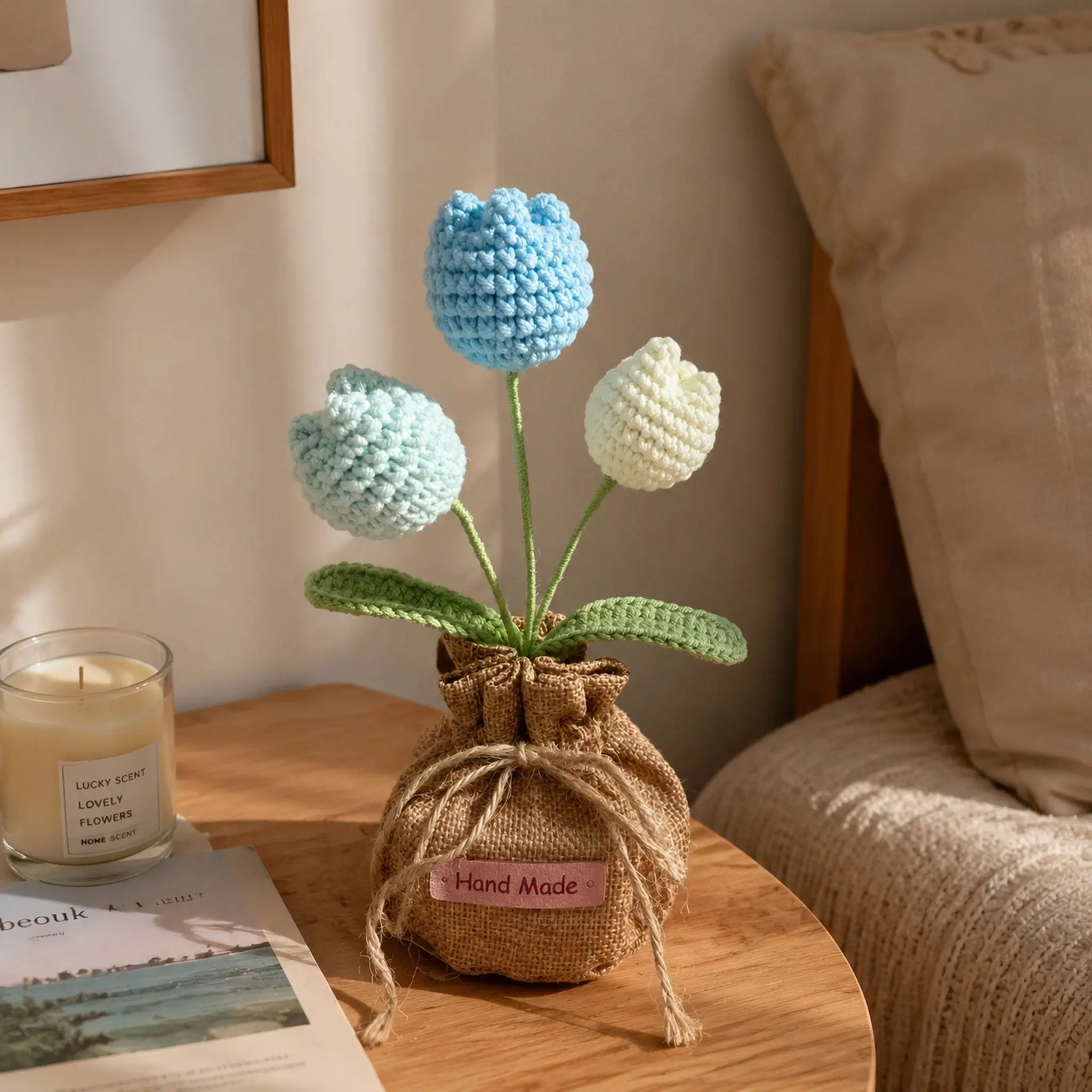 100% Hand Woven Tulip Burlap Pot Mini Crochet Artificial Flower Bouquet Soft Pastel Blue White Everlasting Bloom Tabletop Ornament for Car Dashboard Home Office Decor Romantic Birthday Housewarming Gift for Friends Coworkers