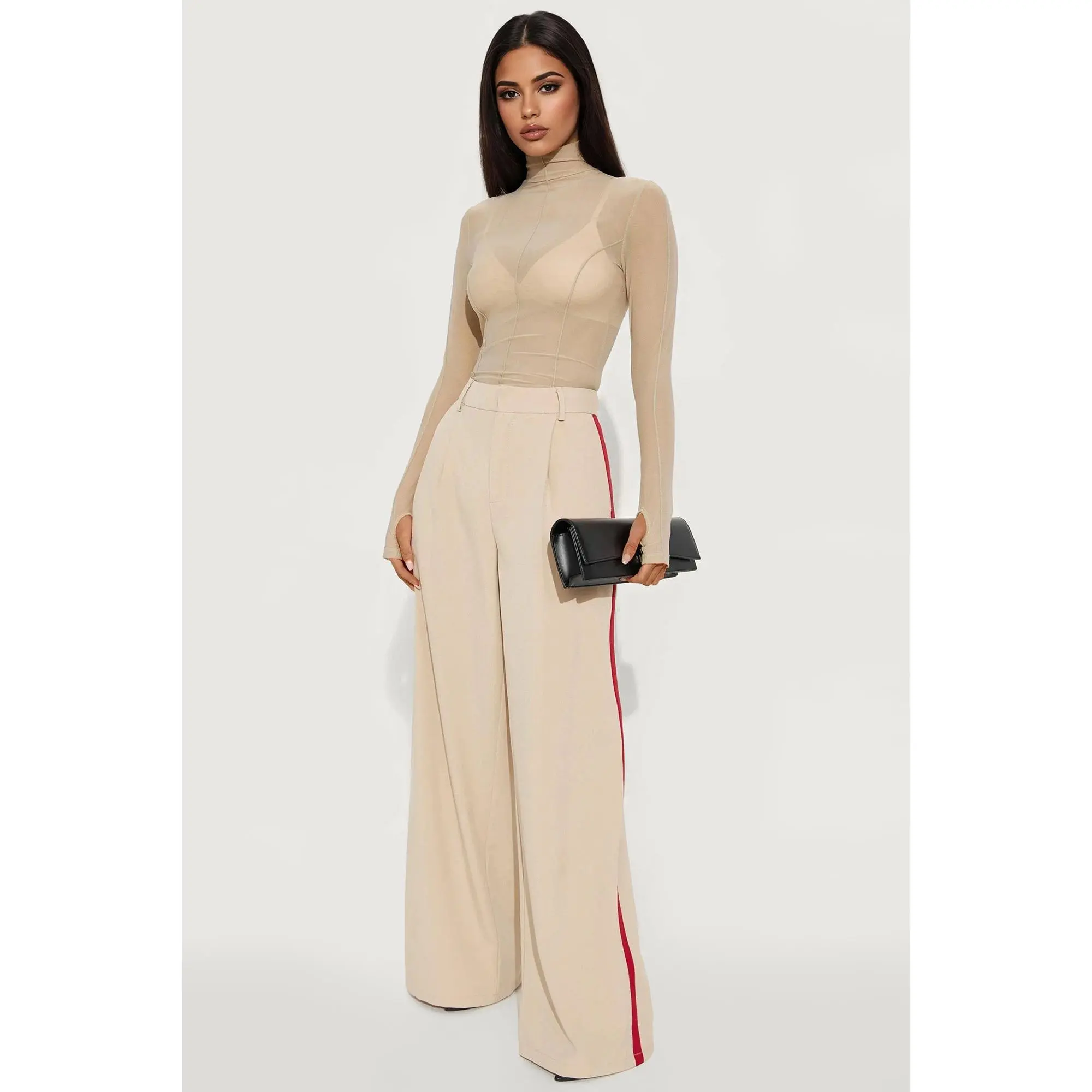 Dylan Wide Leg Trouser Pants - Taupe/combo