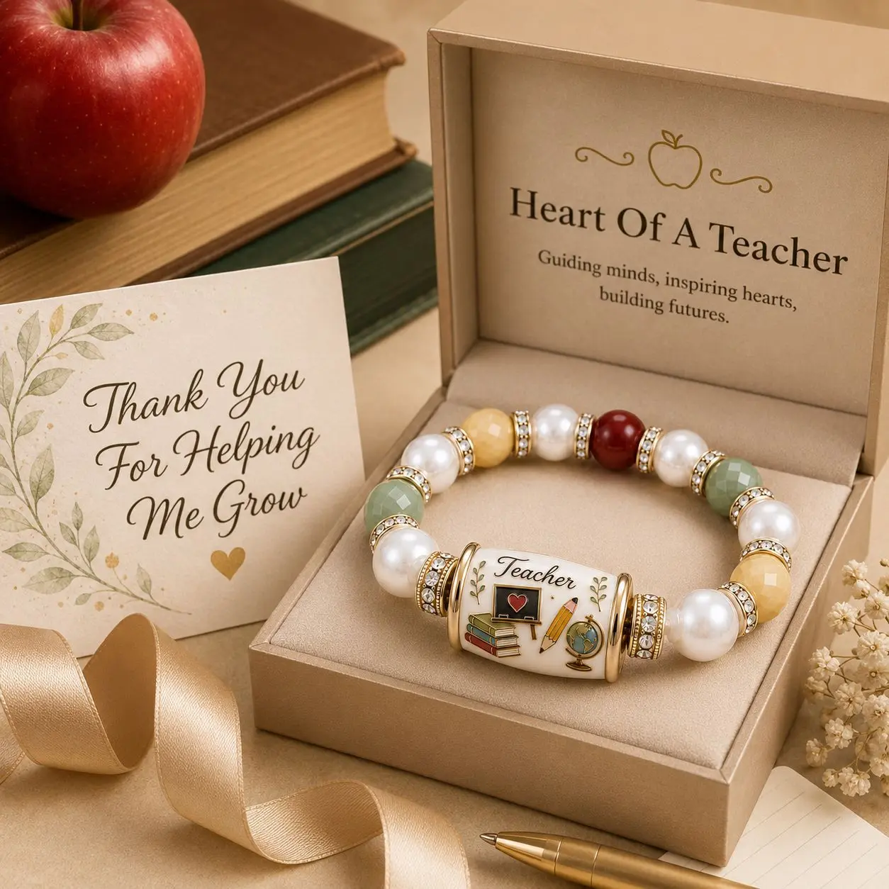 Heart Of A Teacher Pearl & Gemstone Bracelet Guiding Minds Inspiring Hearts Building Futures Perfect Gift For Educators