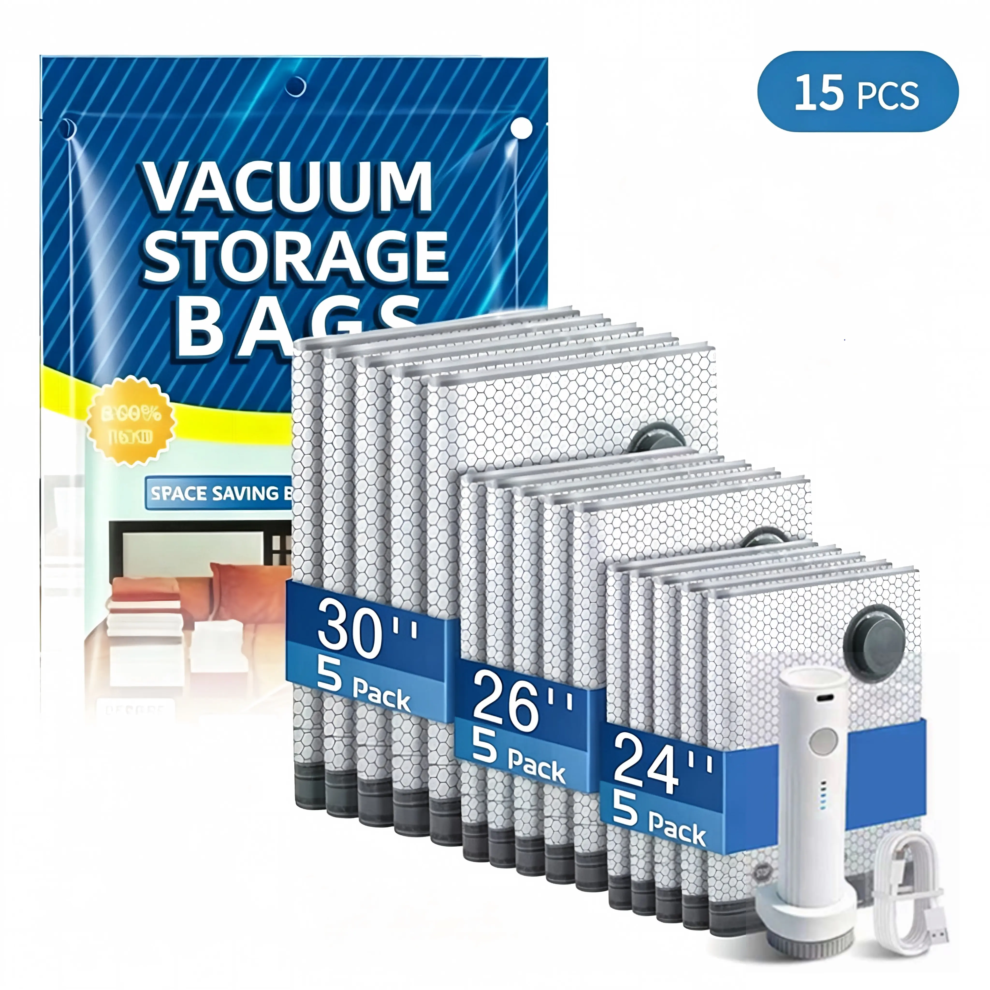Cordless Travel Vacuum Storage Compression Bag Set – 15-Pack in 3 Sizes – USB Rechargeable Handheld Pump with Built-In Battery – Waterproof & Reusable Space Saver for Clothes & Packing, Perfect for Carry-On Suitcases