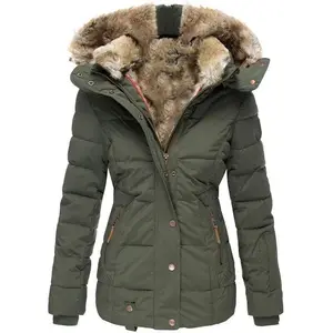 2025 Winter Warm Wool Collar  Coat Womens Zipper Long Sleeve Slim Fit Hooded  Coat cotton