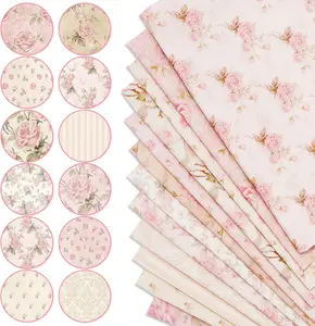 12 Pieces Floral Cotton Fabric Bundle, 20 X 20 Inch Pink Rose Flower Quilting Square Fabric Retro Printed Fat Quarters Patchwork Sewing Fabrics for DIY Crafts Handmade Sewing Home Party Decor