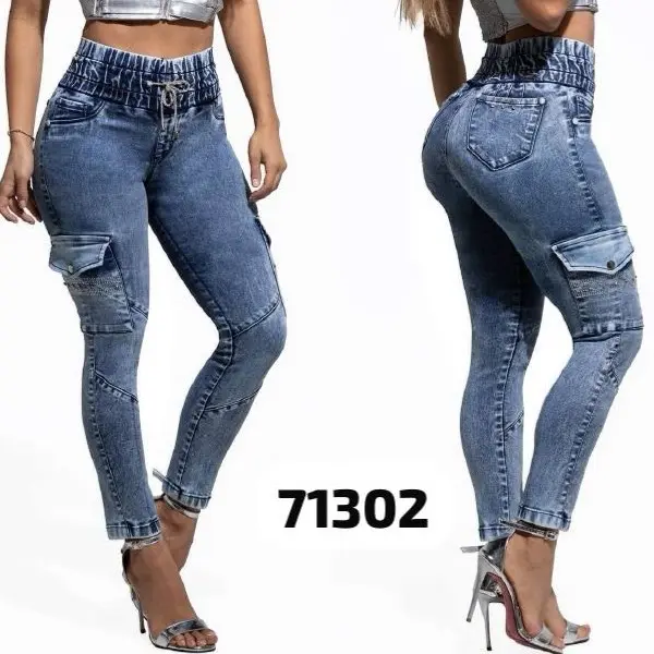 Women's Colombian Denim Jogger Pants (W71-302) - High-Quality, Stretch Bottom with Rhinestone Details