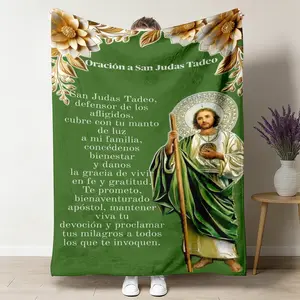 San Judas Tadeo Prayer Flannel Graphic Throw Blanket - Catholic Saint Gender-Neutral Wrap Throw, Spanish Oracion, Soft Cozy Warm, Religious Gift, Mexican Latino Home Altar Decor, Solemn Green Gold Design, Gender-Neutral Throws, Graphic Blanket Throws