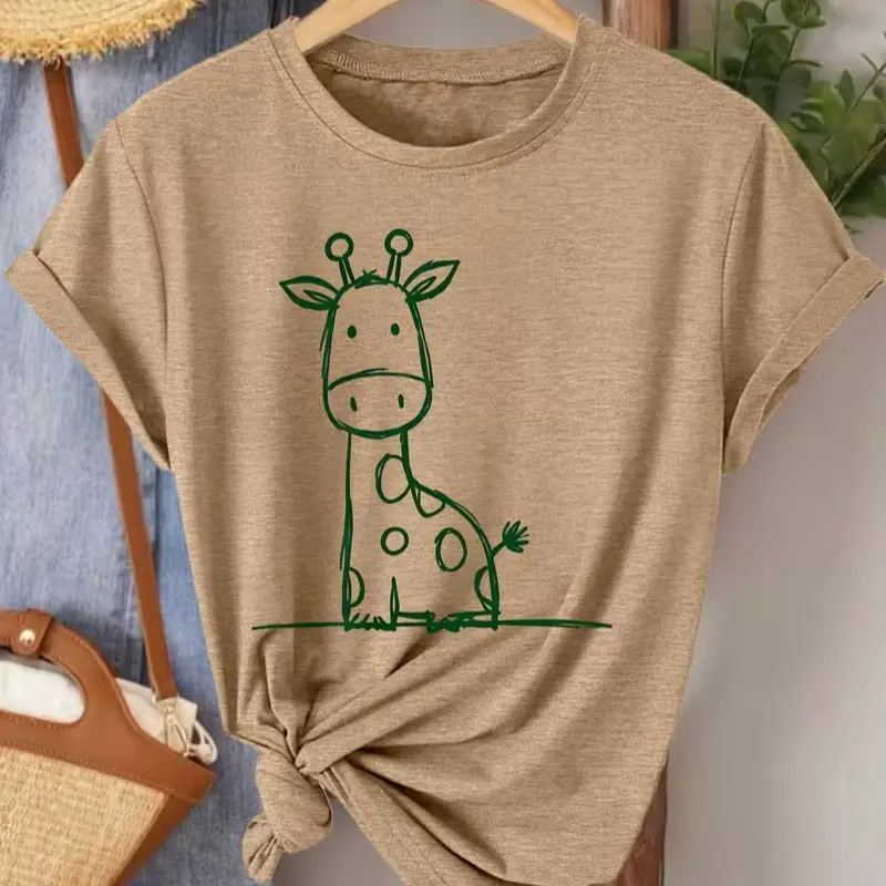 Doodle Giraffe Graphic T Shirt Minimal Line Art Cartoon Safari Animal Casual Women Crewneck Short Sleeve Tee