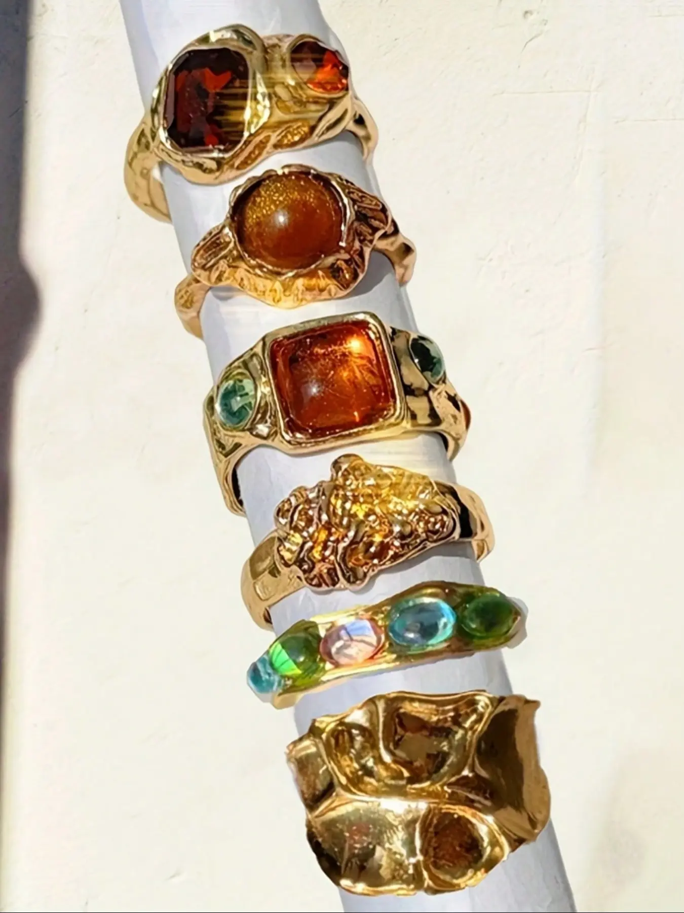 Women's Vintage Fashion Ring Set, Irregular Old Money Style, Multi-Color Artificial Gemstone Stackable Rings