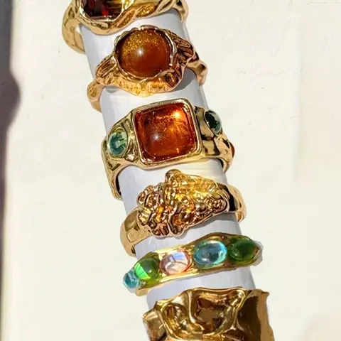 Women's Vintage Fashion Ring Set, Matching Rings, Irregular Old Money Style, Multi-Color Artificial Gemstone Stackable Rings