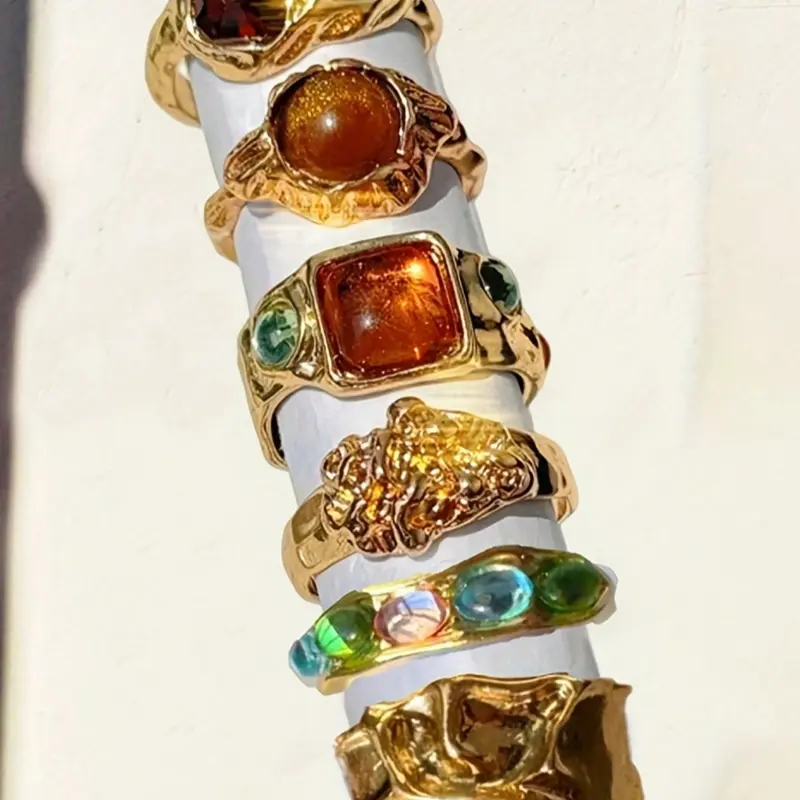 Women's Vintage Fashion Ring Set, Matching Rings, Irregular Old Money Style, Multi-Color Artificial Gemstone Stackable Rings