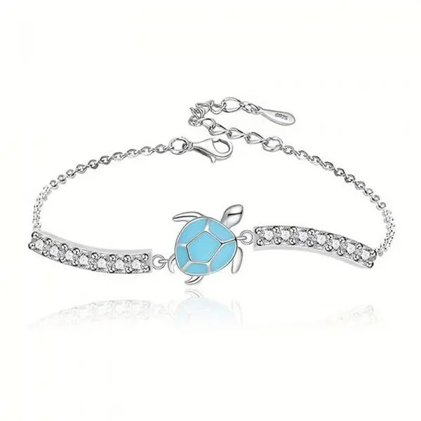 Women's 925 Sterling Silver Blue Sea Turtle CZ Bracelet - 16cm + 5cm Adjustable, Ocean Theme Sparkle Stones Jewelry for Beach Looks, Thoughtful Gift