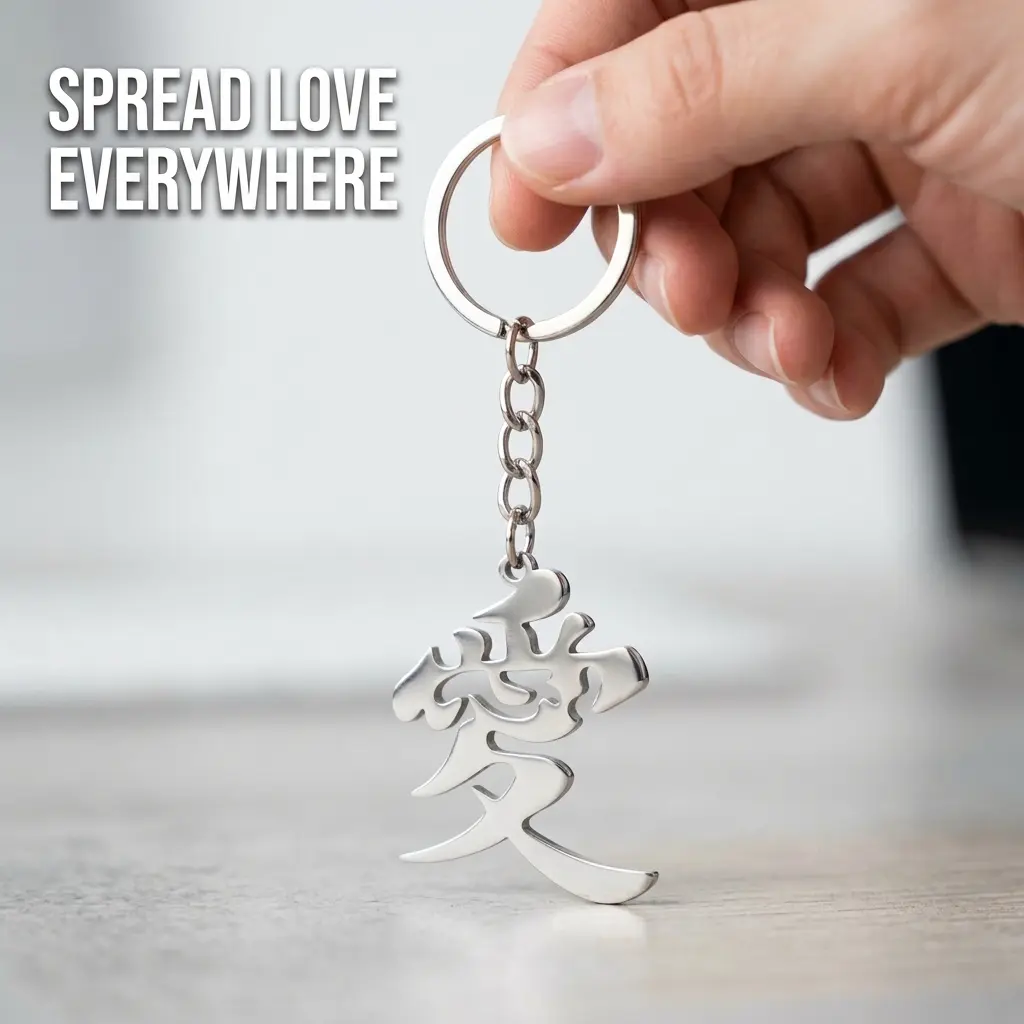Premium Silver Metal "" Love Keychain Inspired by Anime Gaara Forehead Tattoo Minimalist Aesthetic Car Keyring Holder Backpack Purse Charm Durable Stainless Steel Ninja Cosplay Accessories Gift for Naruto Anime Fans Lovers Couples Matching Set