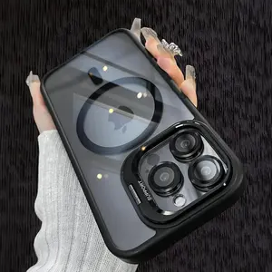 Apple Magnetic Mobile Phone Case for 17 16 15 14 13 12 Max Plus Pro with MagSafe Camera Ring Holder Military Grade Protection Anti Fall Non Yellowing Wireless Casing Protector Cover Black Silicone