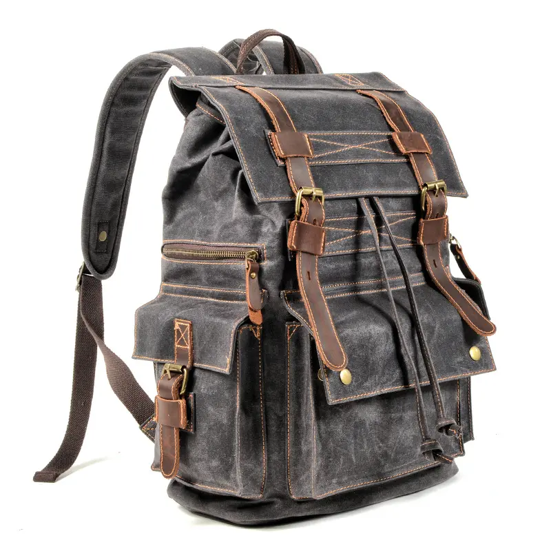 Retro Lightweight Men's Waxed Fabric Business Style Backpack - Crazy Horse Leather, Multiple Pockets, Adjustable Buckle Straps, Unisex Multifunction Travel Laptop Carry-On Luggage Bag