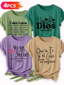 Women's Casual Short Sleeve Crew Neck Cotton T-Shirt – 4PCS Spanish Faith & Slogan Graphic Print Set, Multicolor, Machine Washable Spring & Summer Top, Soft Cotton Fabric, Daily Versatile, Fashion Design