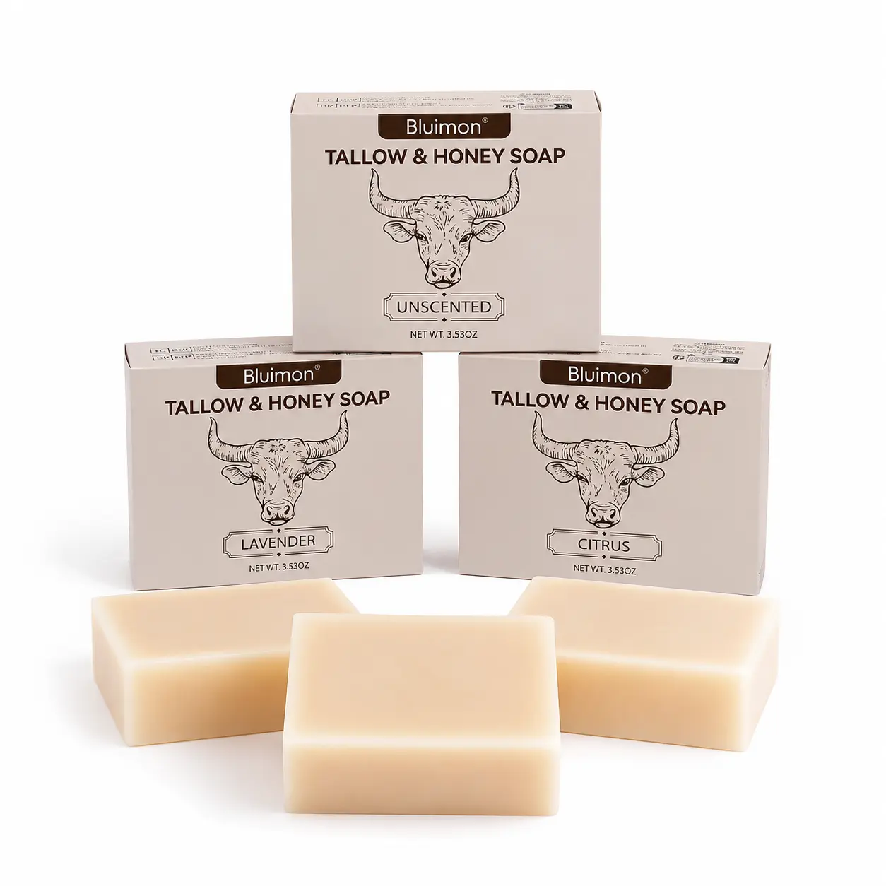 Bluimon Tallow Honey Soap Bar for Face & Body - Grass-Fed Beef Tallow Soap with Raw Honey, Gentle Moisturizing Cleanser for Dry Skin, Handmade Natural Soap