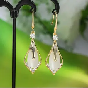 2PCS-Light Luxury Design Sense Opal Geometric Diamond-set Opal Earrings Versatile Temperament Long Earrings Show Face Skinny Earrings